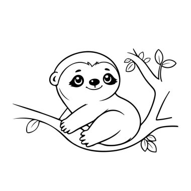 Çocuklar için boyama kitabı için beyaz bir arkaplanda izole edilmiş, ağaçtaki komik tembel hayvanın el çizimi güzel bir çizimi.