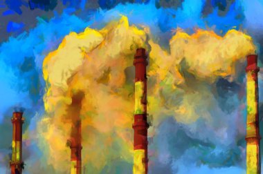 Güneşli bir günde mavi gökyüzüne karşı dumanlı bir kazanın kırmızı beyaz bacalarının bir tasviri.