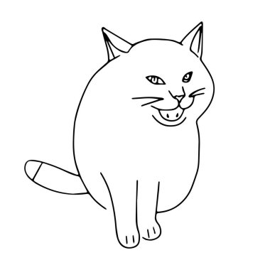 Bir El, siyah vektör illüstrasyonunu çizmiş. Beyaz bir arka planda, büyük üzgün gözleri olan güzel, korkmuş bir kedinin portresi.