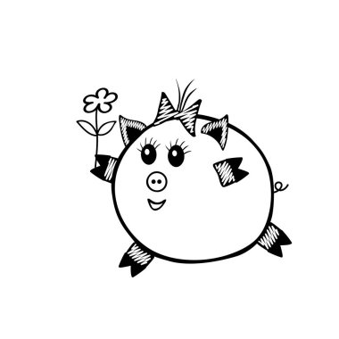A Black Vector piggy fat girl running with a flower on a white background for coloring book for children
