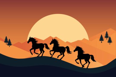 Atlar gün batımının arka planında dörtnala koşuyor..