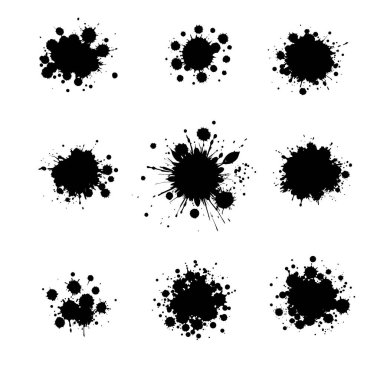 Mürekkep lekelerinin siyah güzel bir vektör çizimi beyaz arka plana düşer ve su sıçratır