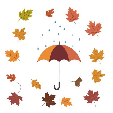 Güzel düz bir çizim sonbahar Akçaağaç yaprakları yağmur ve şemsiyeyi beyaz arka planda bırakır