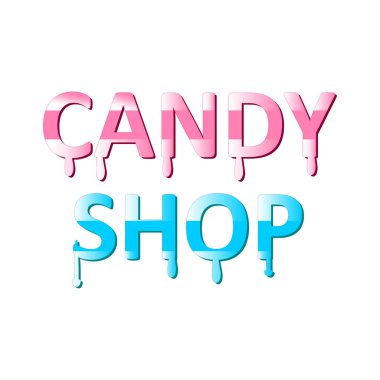 Mavi ve pembe bir metnin vektör çizimi. Şekerci dükkanı sıvısı beyaz arka plana damlayan sıvı akışını eritiyor.