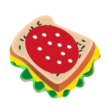 A Brown hand-drawn vector illustration of rectangular piece of bread with seeds and sausage cheese lettuce isolated on a white background clipart