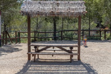 Yeşil bitkilerin arka planında bir boş gri tahta masa ve bir pergola.