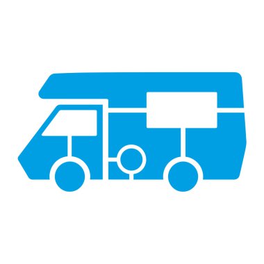 Beyaz arkaplanda izole edilmiş mavi bir tek renkli karavan ikonu. Seyahat, kamp ve yolculuk temaları için ideal