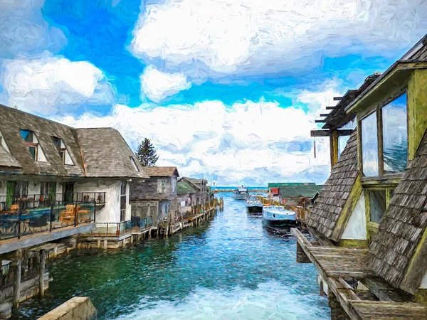 Impressionistic Paint Stroke Pattern Fish Town Quaint Wooden Cabins Lake — Stock Photo, Image