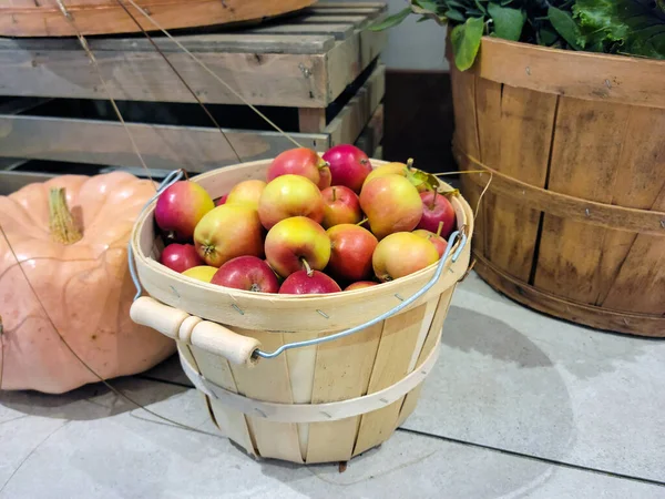Autumn apples in a wooden bushel basket with pumpkin