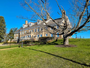 Dorr Felt Mansion In Michigan with bare winter tree and bright blue sky