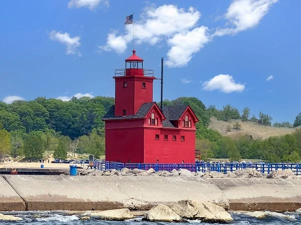 Holland Michigan Big Red Lighthouse Blue Railings Pier — Fotografia de Stock