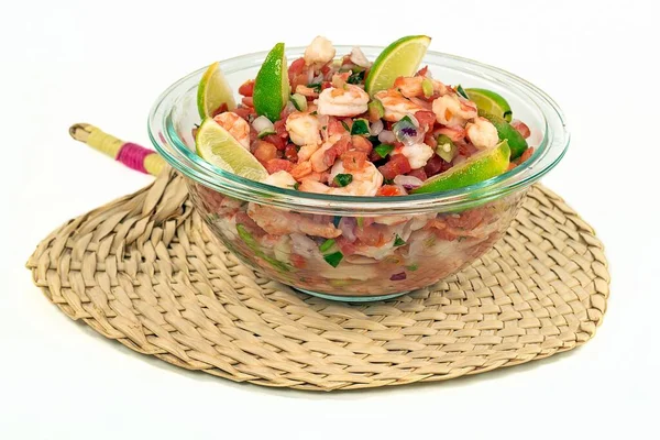 Fresh Shrimp Salad Glass Bowl Bamboo Mat Isolated White Stock Picture