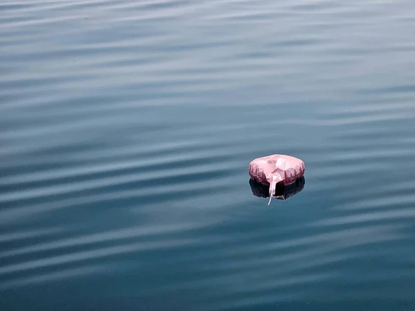 Aufgeblasener Rosafarbener Herz Helium Ballon Schwimmt Auf Blauem Seewasser — Stockfoto