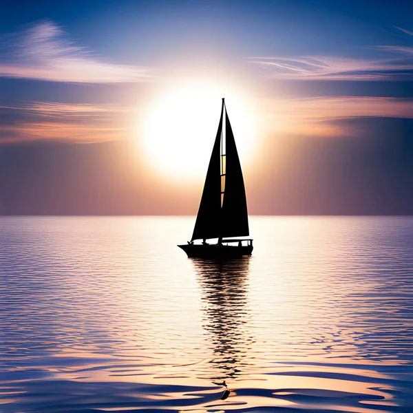 Silhouette Barca Vela Sull Acqua Dell Oceano Con Bagliore Sole — Foto Stock