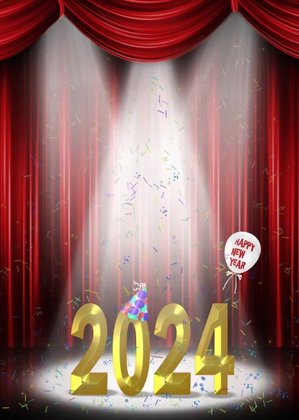Gold 2024 New Year Text Stage Confetti Balloon Spotlight — Stock Photo, Image