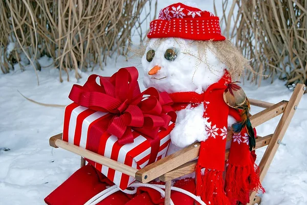 身穿木制雪橇的雪人 头戴红色长统袜帽 头戴围巾 头戴大雪中的小鸟和圣诞节礼物 — 图库照片