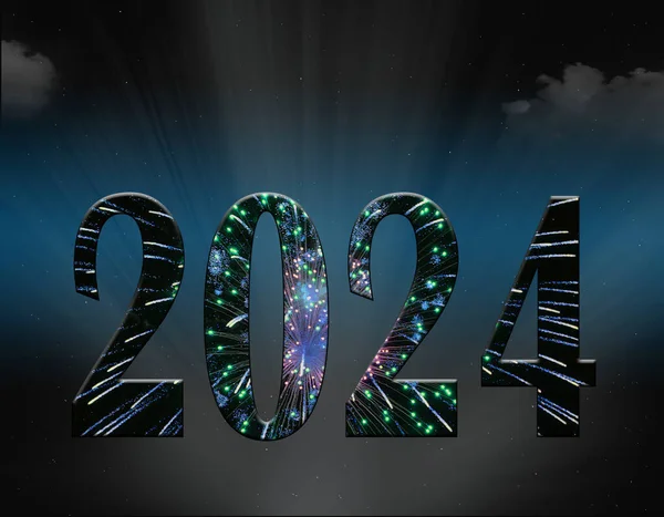 New Year 2024 Text Fireworks Light Beams Clouds Night Sky —  Fotos de Stock