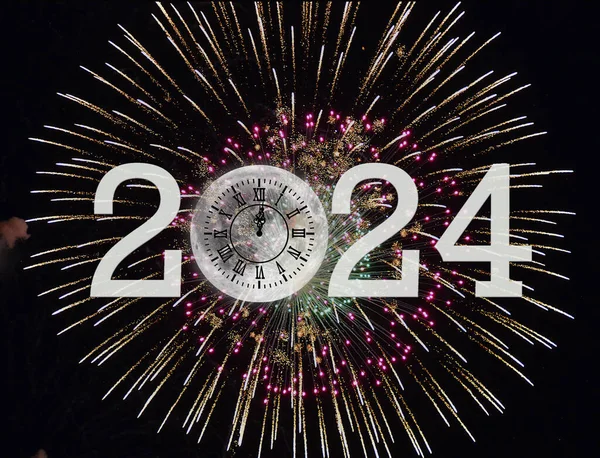 New Year 2024 Moon Clock Fireworks Black Sky Stock Photo