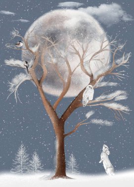 Karlı baykuş ve piliçler dolunay ve karlı bir kış ağacında