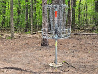 Yeşil bir ilkbahar ormanında boş metal bir golf kafesi