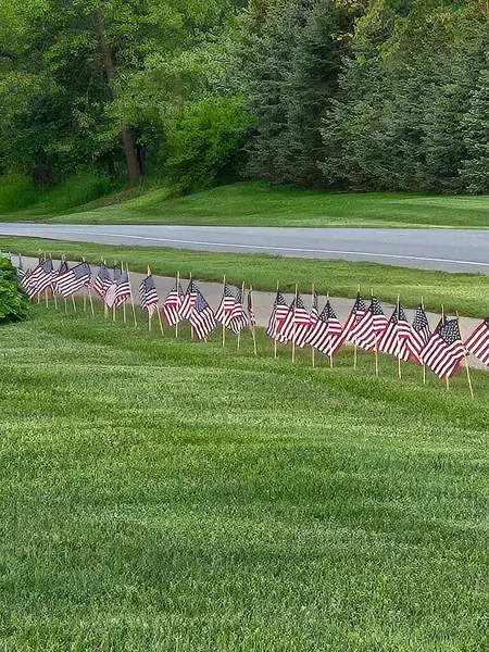 Bir sıra Amerikan bayrağı kaldırımın kenarında düzgünce yerleştirilmiş, yemyeşil çimenler ve ağaçlardan oluşan bir arka plan. 