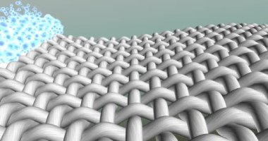 Whitening action of bleach, washing powder, stain remover, or liquid laundry detergent for white clothes. 3d rendered illustration. A glittering floating wave of water drops clean a stained fabric.