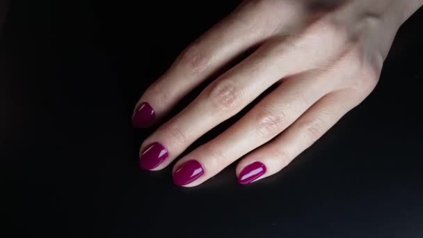 指甲在乎 女性的手 在黑色背景上有明亮的指甲 手掌一个手掌在另一个手掌上平稳而缓慢的运动丰富的紫色凝胶指甲油 — 图库视频影像