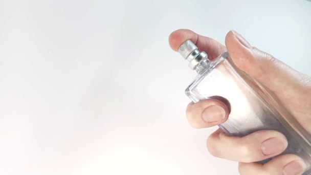 Woman Sprays Perfume White Background Hand Finger Push Sprayer Eau — Stock Video