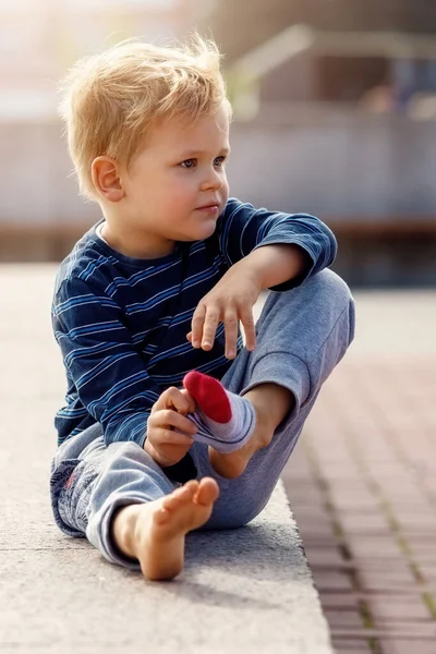 Portrait Cute Little Boy Sitting City Fountain Child Takes His — Stock Photo, Image