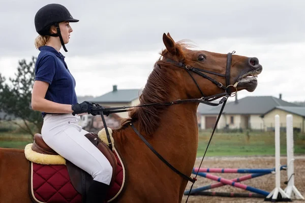 A young girl rides a brown horse, pulls on a leash to stop him.