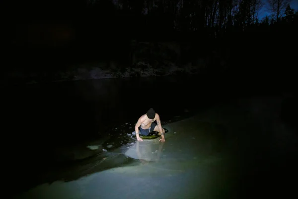 Man Swimming Frozen Lake — Stock Photo, Image