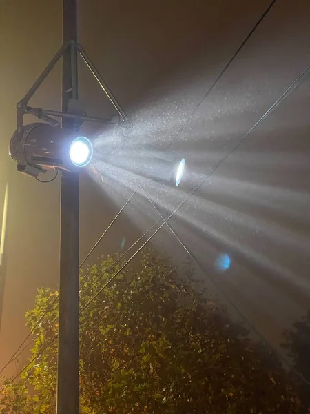 Street lamp shining through misty fog