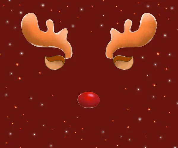 鲁道夫驯鹿鹿角的耳朵和红色的鼻子在红色节日的圣诞节背景上闪烁着星光 — 图库照片