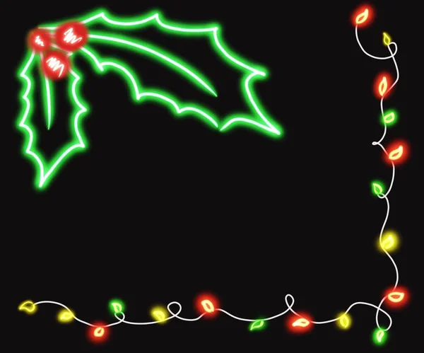 Siyah Arkaplan Çiziminde Ökseotu Mas Işıkları Olan Neon Christmas Kartı — Stok fotoğraf