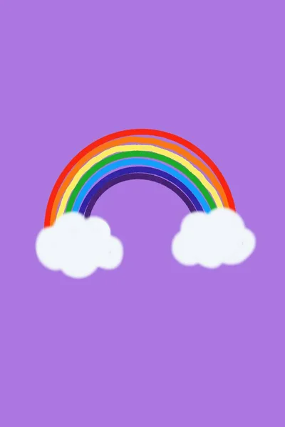 Hand drawn rainbow on clouds on purple background illustration