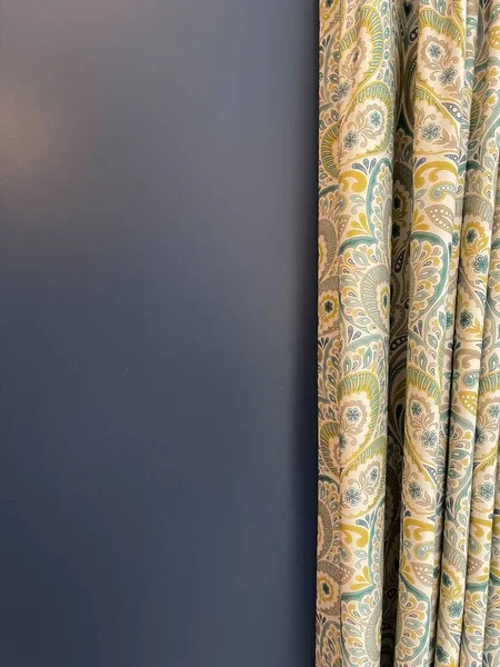 Cropped Shot Beautiful Textile Blackout Curtains Blue Wall Copy Space — Stok fotoğraf