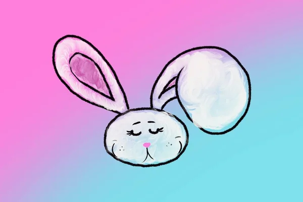 Hand Drawn Adorable White Easter Bunny Pink Blue Gradient Background — Stock Photo, Image
