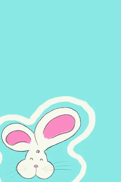 Sevimli Beyaz Paskalya Tavşanı Mavi Arka Planda Çizilmiş — Stok fotoğraf