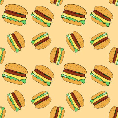 Lezzetli hamburgerler elle çizilmiş semaless desen çizimi