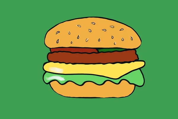 Handgezeichnete Köstliche Cheesburger Illustration Auf Grünem Hintergrund — Stockfoto