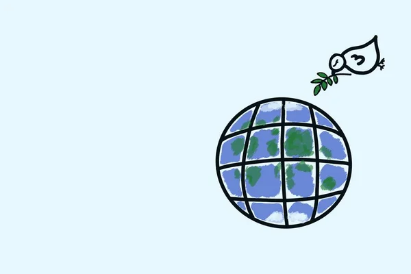 White dove bringing olive peace branch to earth globe hand drawn illustration