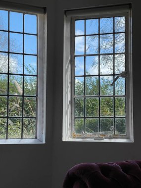 Güneşli bir bahar havası eski moda pencerelerden görülebiliyor. 