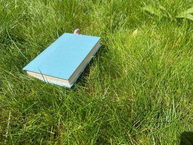 Güneşli bir günde yeşil çimenler üzerine mavi kitap, kopyalama alanı