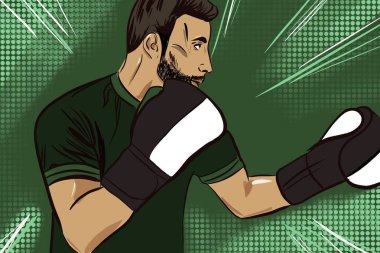 Eğitimdeki bir boksörün pop sanatı çizimi. Dövüş pozisyonu almış boks eldiveni giymiş bir adam