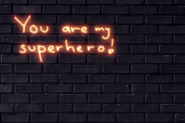 Jij Bent Mijn Superheld Motivatie Neon Teken Zwarte Bakstenen Muur — Stockfoto