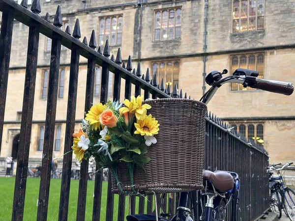 Przycięte Bliska Mały Bukiet Kwiatów Zabytkowym Koszu Rowerowym — Zdjęcie stockowe