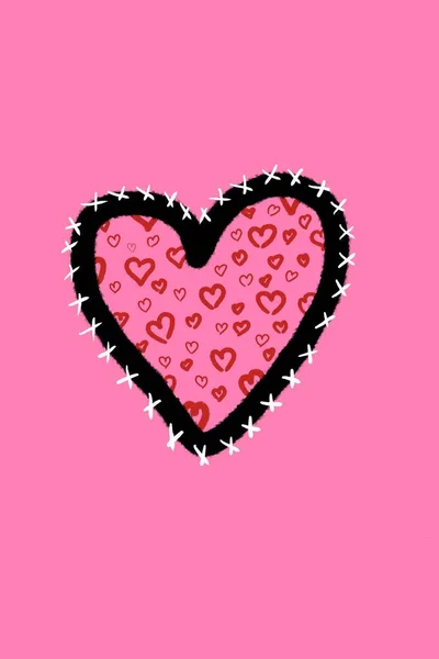 Μαύρη Καρδιά Γεμάτη Μικρές Κόκκινες Καρδιές Ραμμένες Ροζ Φόντο Εικονογράφηση — Φωτογραφία Αρχείου