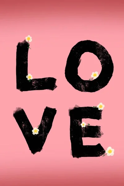 手描きラブワードバレンタインデーカード 小さなかわいいデイジーな花 — ストック写真