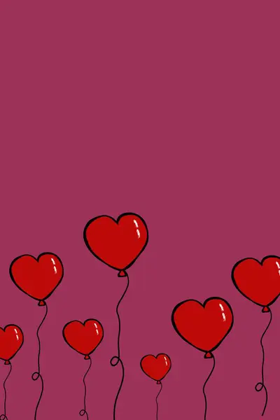 Rode Hartvormige Valentijnsdag Ballonnen Rode Achtergrond Illustratie — Stockfoto