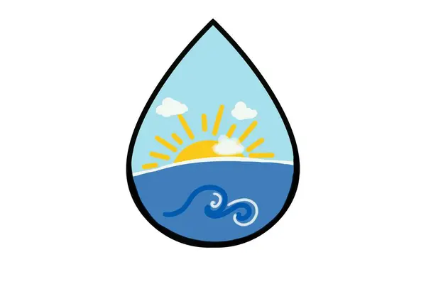 Słońce Wschodzące Lub Zachodzące Oceanie Narysowane Ikonie Kształtu Kropli Wody — Zdjęcie stockowe